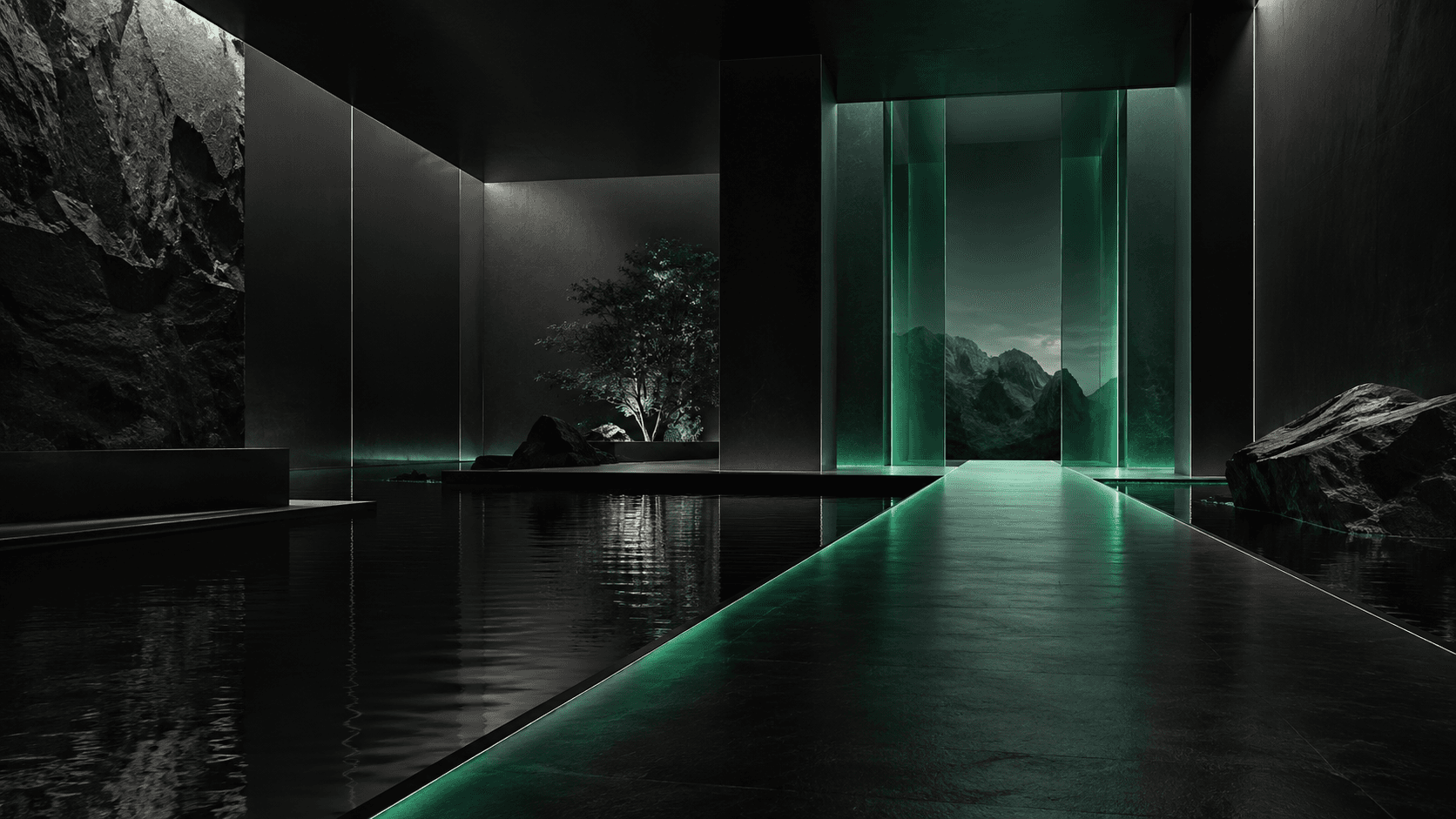 A calm, emerald-lit architectural space representing OREoS's protected publishing environment